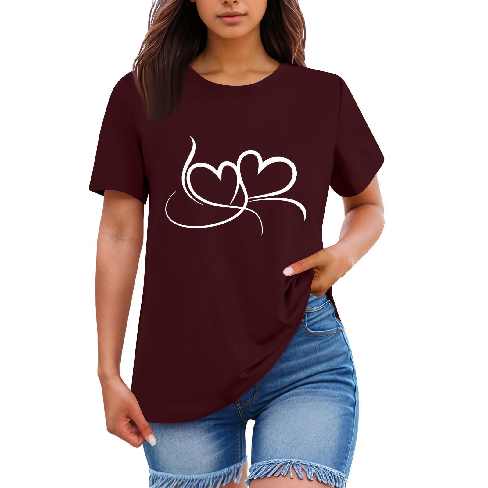 

Ladies Loose Comfortable Casual Fashionable Heart Pattern Printed Round Neck Short Sleeved Shirt XXL винний