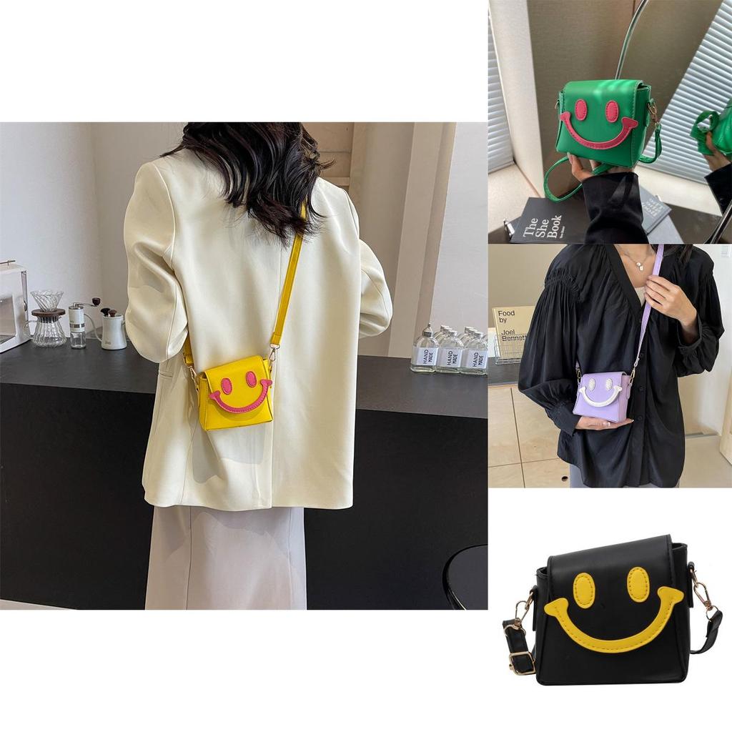 Cute Small Smile Face Color Block Pu Shoulder Bag With Magnetic Closure