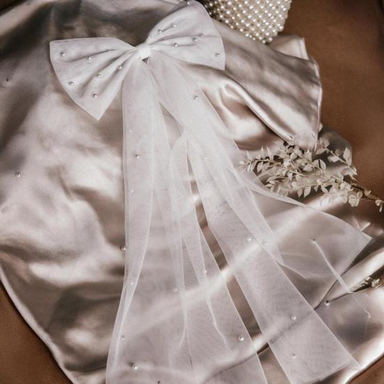 Bridal Hair Clip with Bow Faux Pearl Veil Wedding Headdress White Tulle Wedding Day Honeymoon Hair Accessory