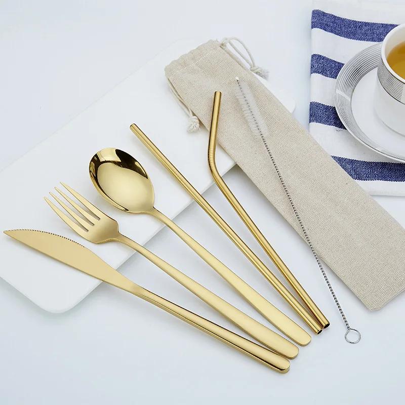 6 Ps/set Portable Outdoor Travel Dinneware Set 304 Stainless Steel Knife and Fork Spoon Straws Tableware Set