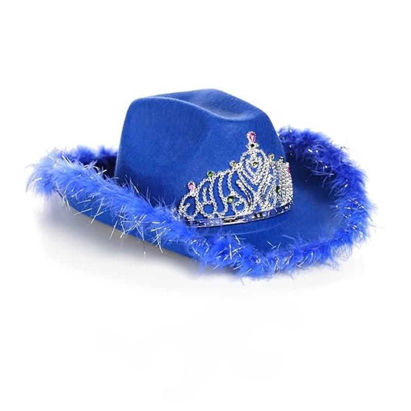 Rosa Stoff-Cowboyhut mit Sternverzierungen und leuchtender Krone für Partykleidung und Geschenke