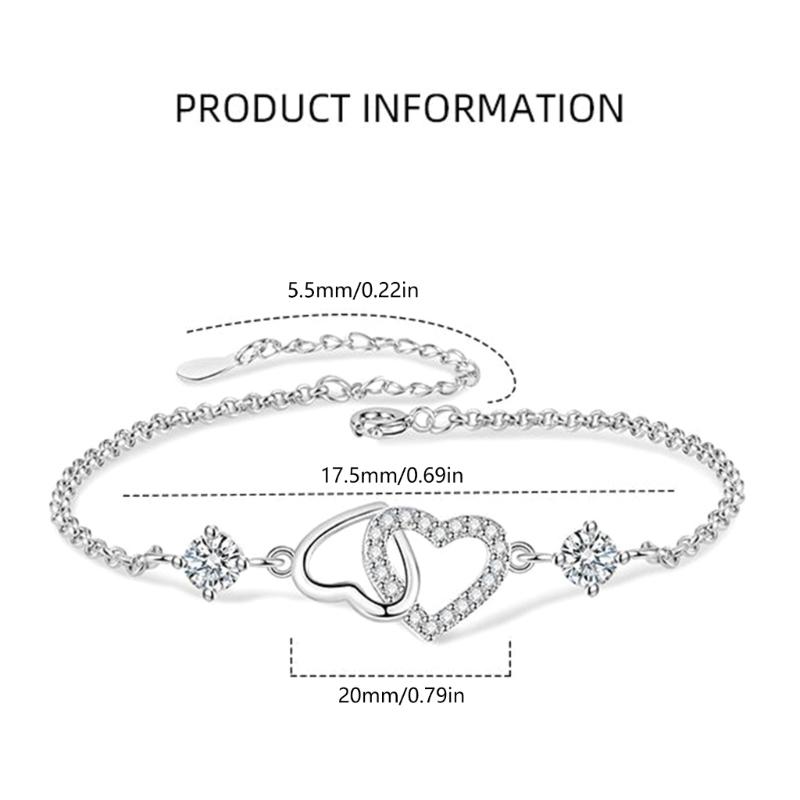 Zircon Double Heart Charm Bracelet Fashionable Party Accessories Jewelry for Sensitive Skin Versatile Women Accessory