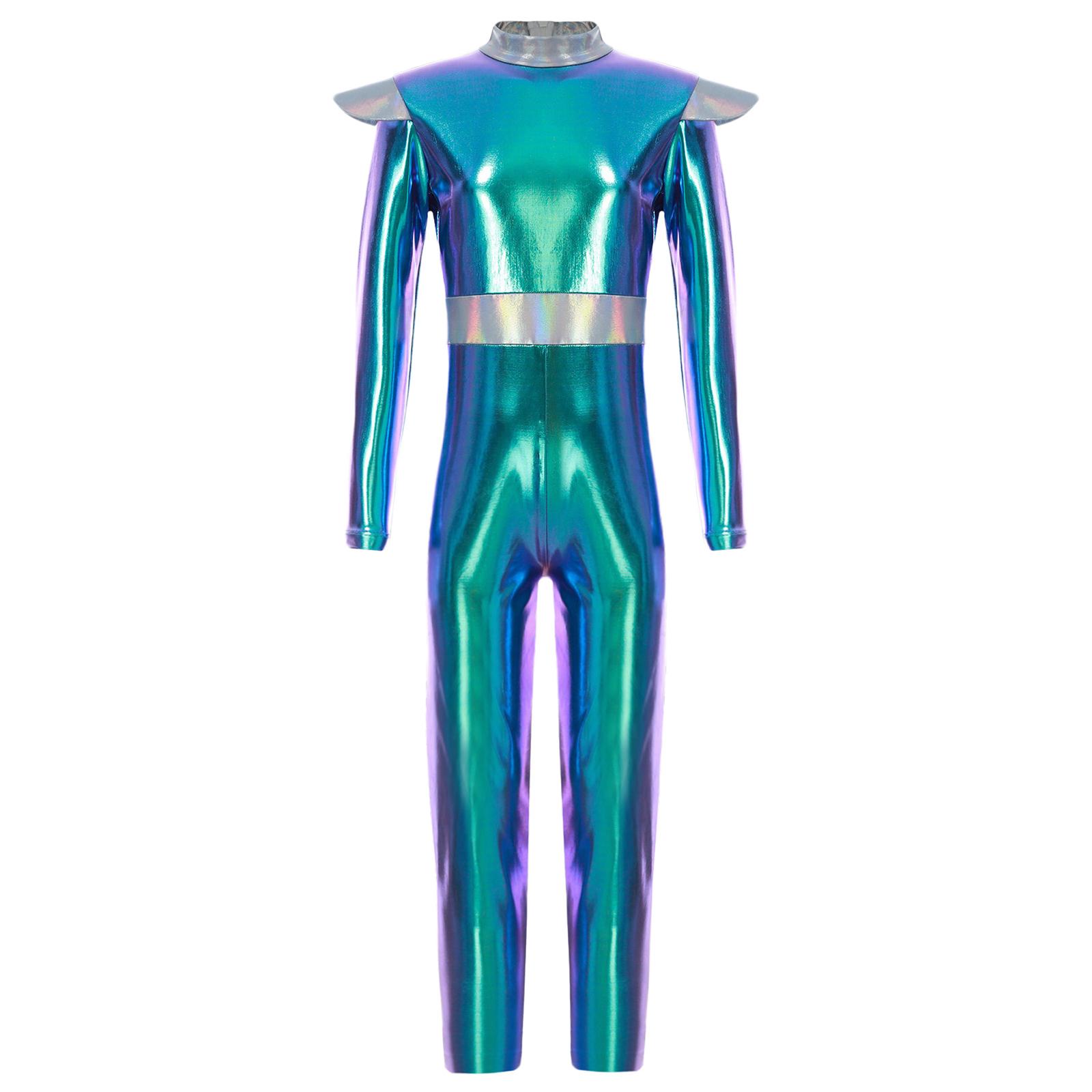 

Kids Alien Cosplay Costume Long Sleeve Shiny Metallic Bodysuit Full Body Jumpsuit Dress Up Outfit for Halloween Party Performances 15-16 Years синій