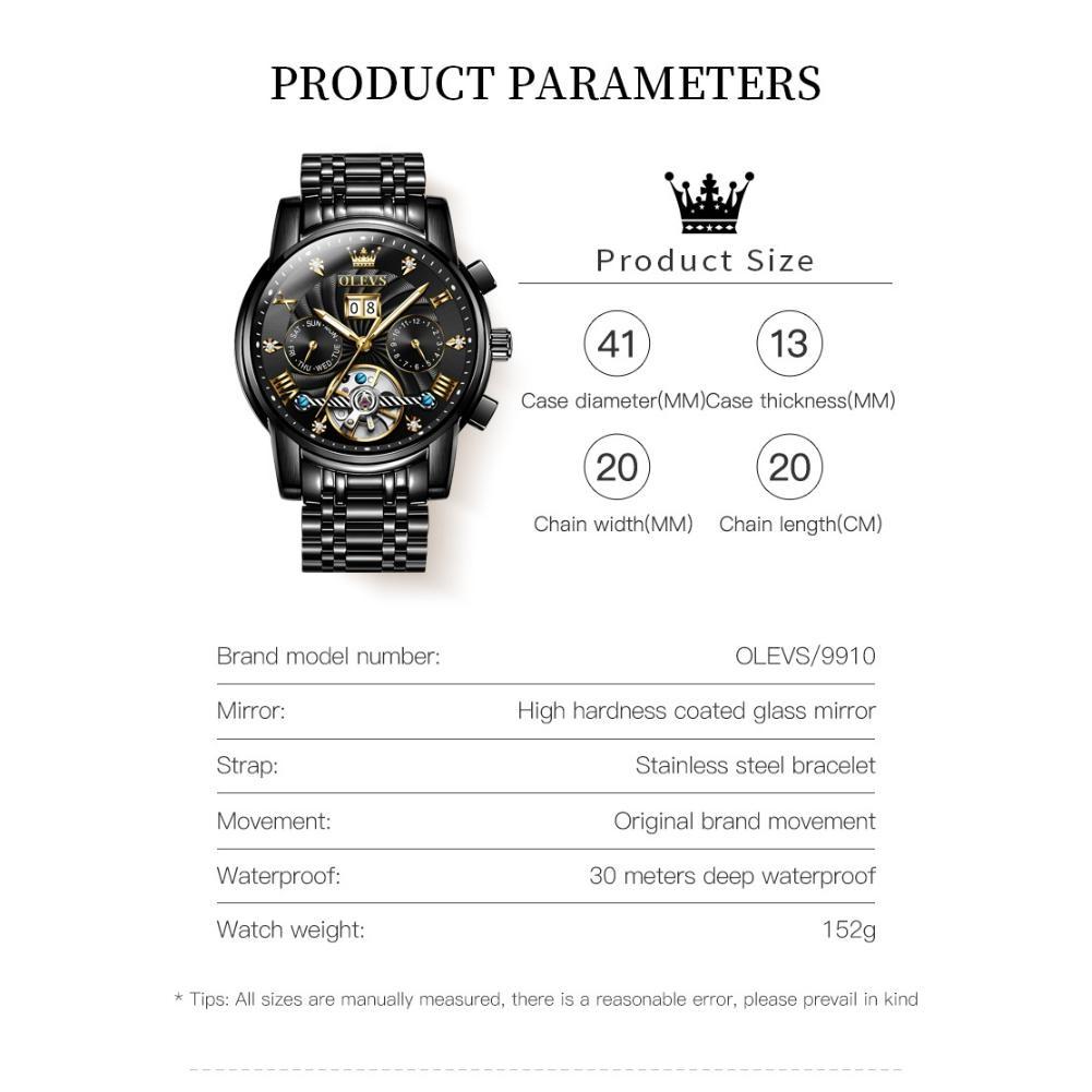 OLEVS Luxury Gold Tourbillon Mechanical Watch for Men Stainless Steel Waterproof Luminous Date Business Mens Watches