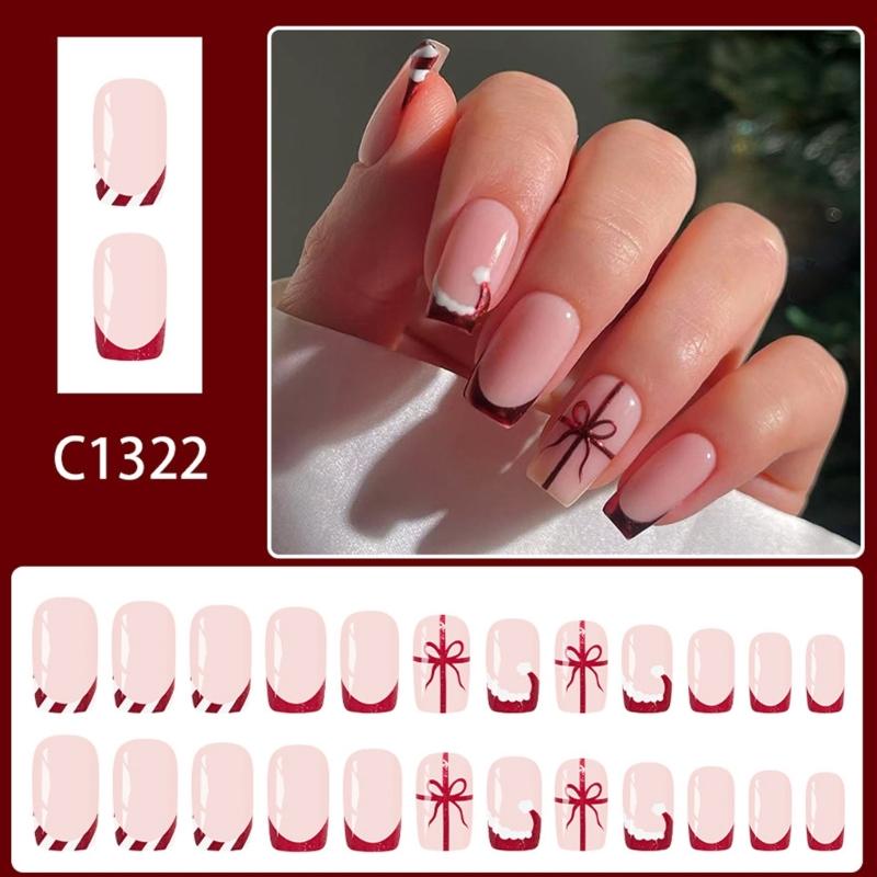 24pieces Christmas French Glitters Red Press On Nail Short Square False Nail With Shine Finish For Holiday Party Gift