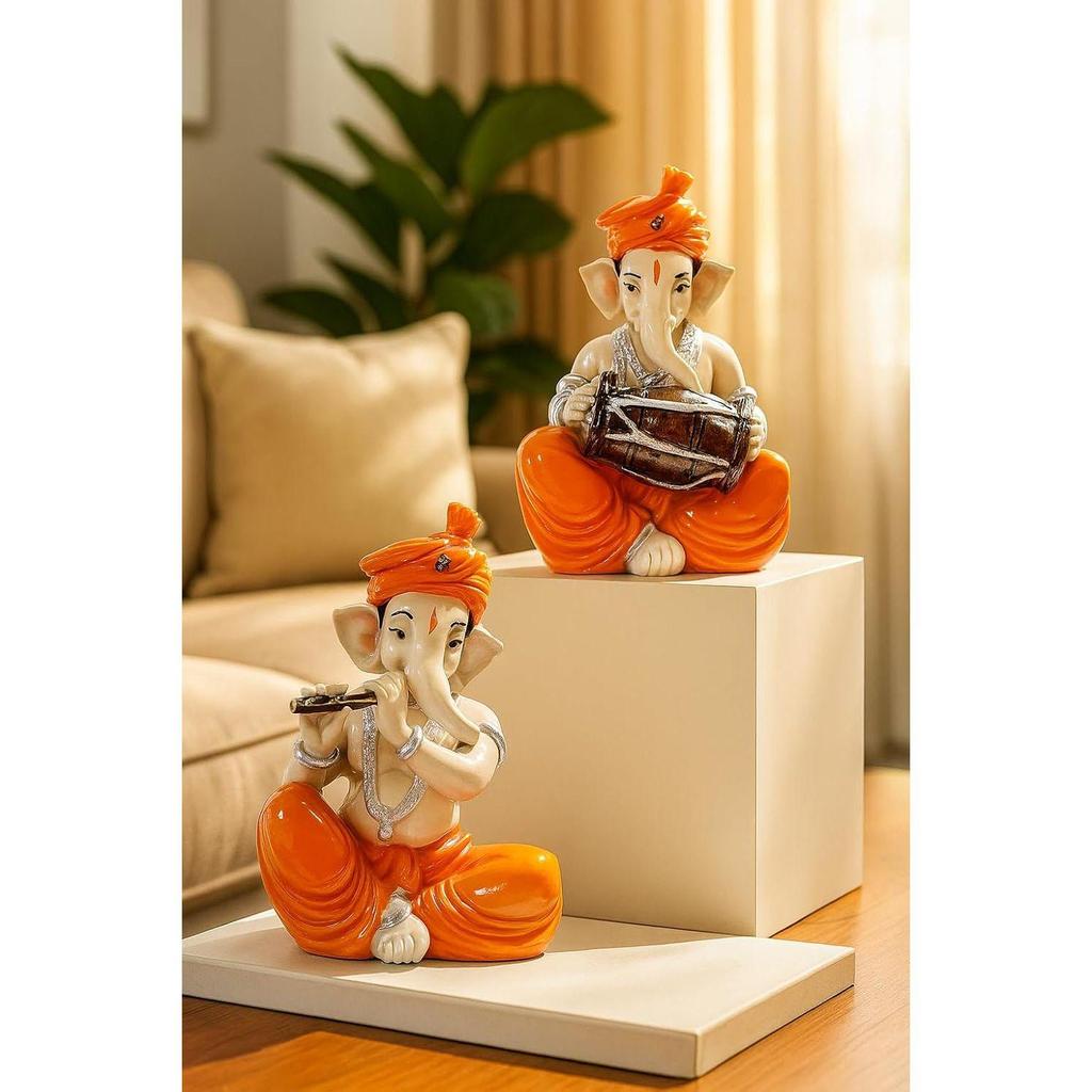 Musical Ganesha Pair for Home Decor | Brings Prosperity - (Orange and White, Pack of 2)(Resin)