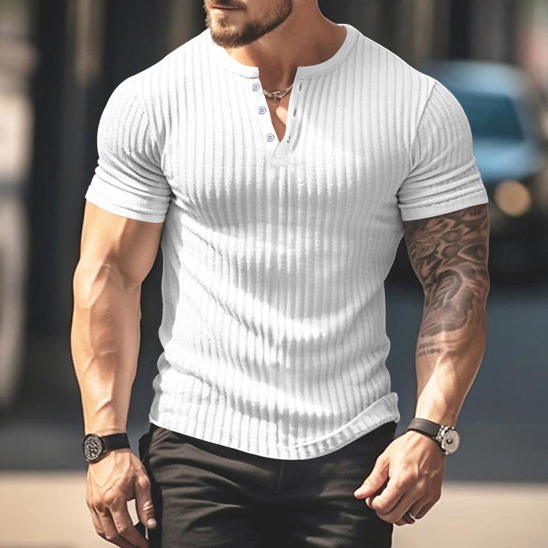 

Pit Stripe V-neck Slim Fit Short Sleeved Top Button Men s T-shirts S білий