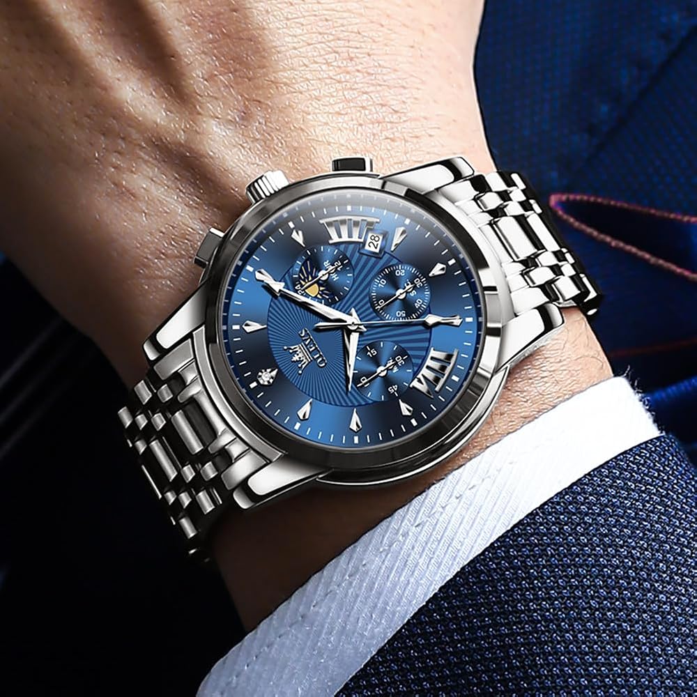 OLEVS Men's Chronograph Watch Blue/White Analog Waterproof Business Style Large Display Quartz