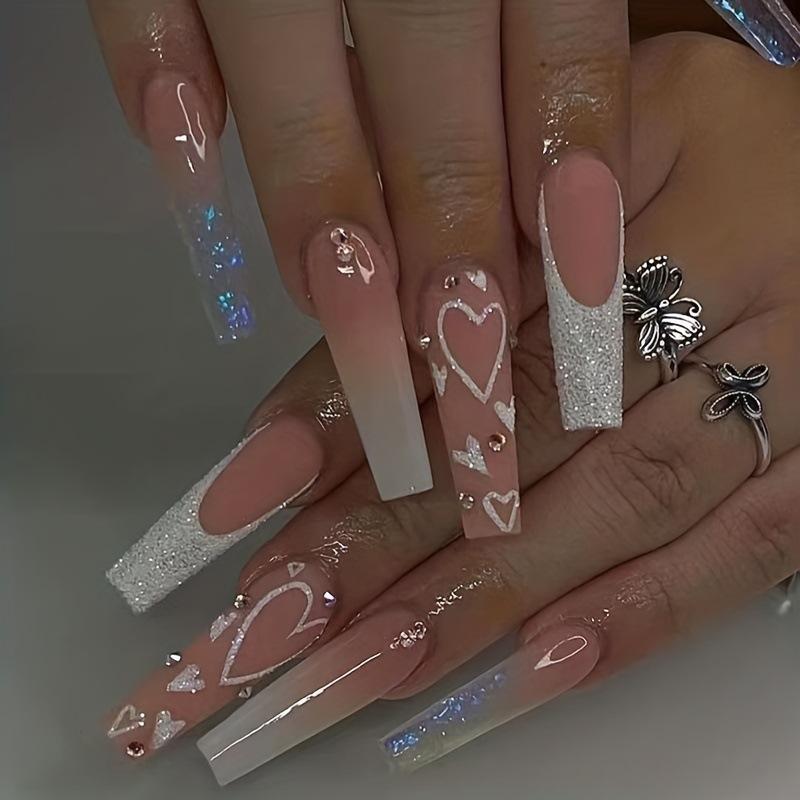 24pcs Medium Length Press On Nails with Bow Tie Design Long Coffin Shape Artificial Nails Set for Nail Art Decoration and Styling