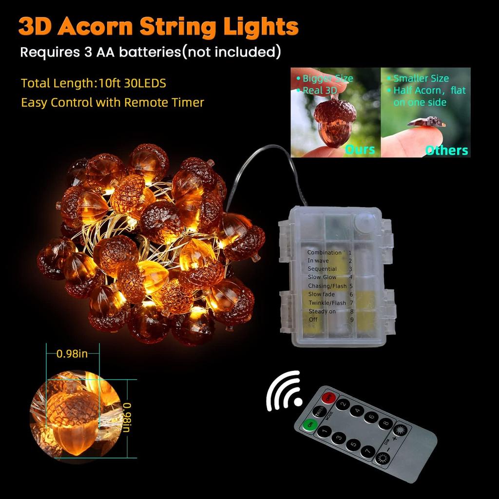 3D Twinkle Acorn Fall Decorations Harvest String Lights 10ft Copper Wire 30 LEDs Battery Powered with Timer Remote Control for Wedding Bedroom