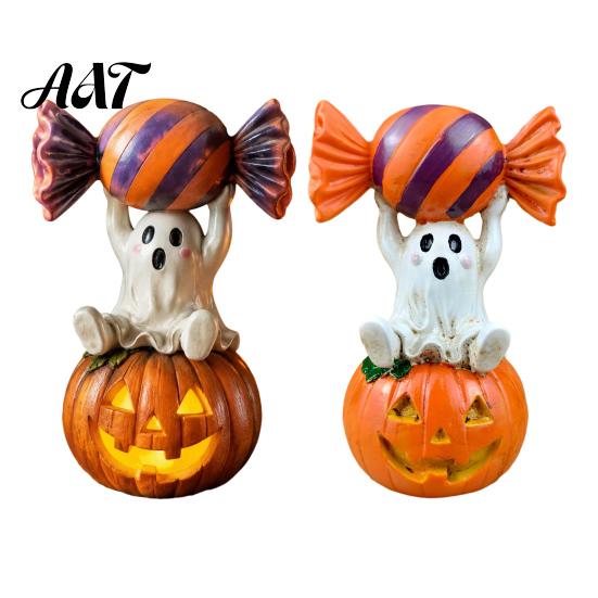Small Gift for Children Halloween Ghost Figurine, Cute Sitting on Pumpkin Holding Candy Party Supplies Statue, Spooky Resin Table Ornament Indoor