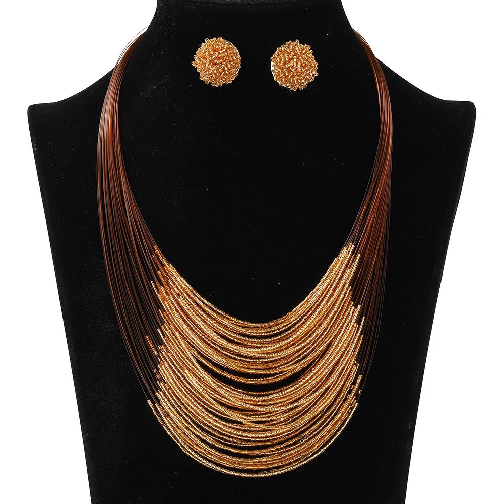 Bohemian Multi-Layer Rice Bead Necklace Earrings Set Retro Ethnic Style Sweater Chain Women'S Multi-Layer Jewelry