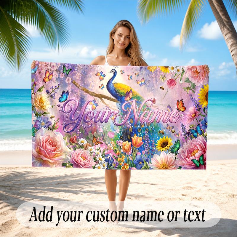 Floral Garden Theme Quick Dry Beach Towel Custom Name Text Print Large Sand Resistant Towel Beach Vacation