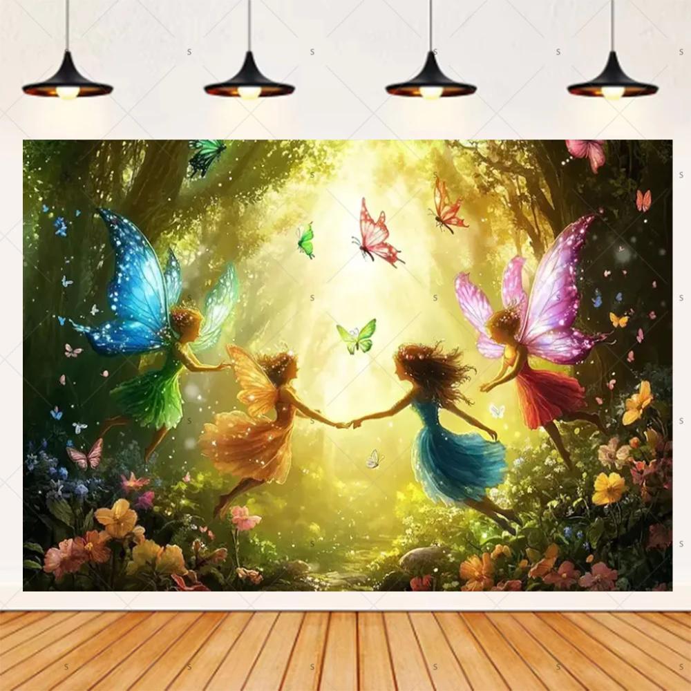 Magic Forest Butterfly Fairy themed party banner background, children's birthday party decoration photography studio background17