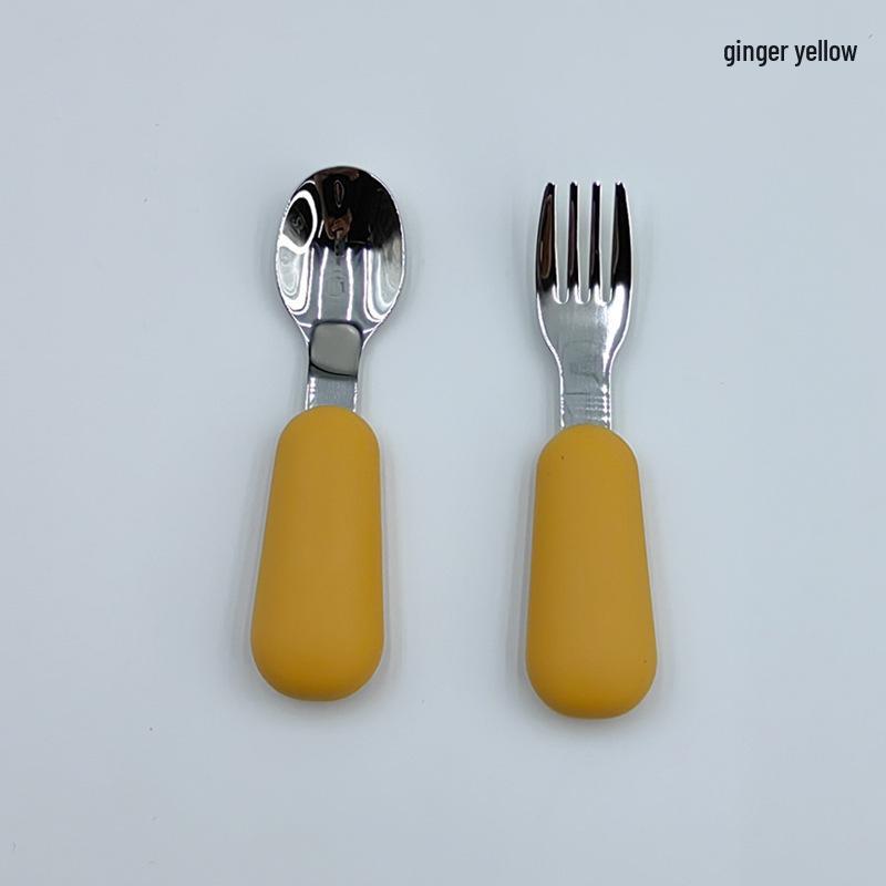 Children's Stainless Steel Spoon & Fork Set with Silicone Handle - Baby Training & Feeding Utensils