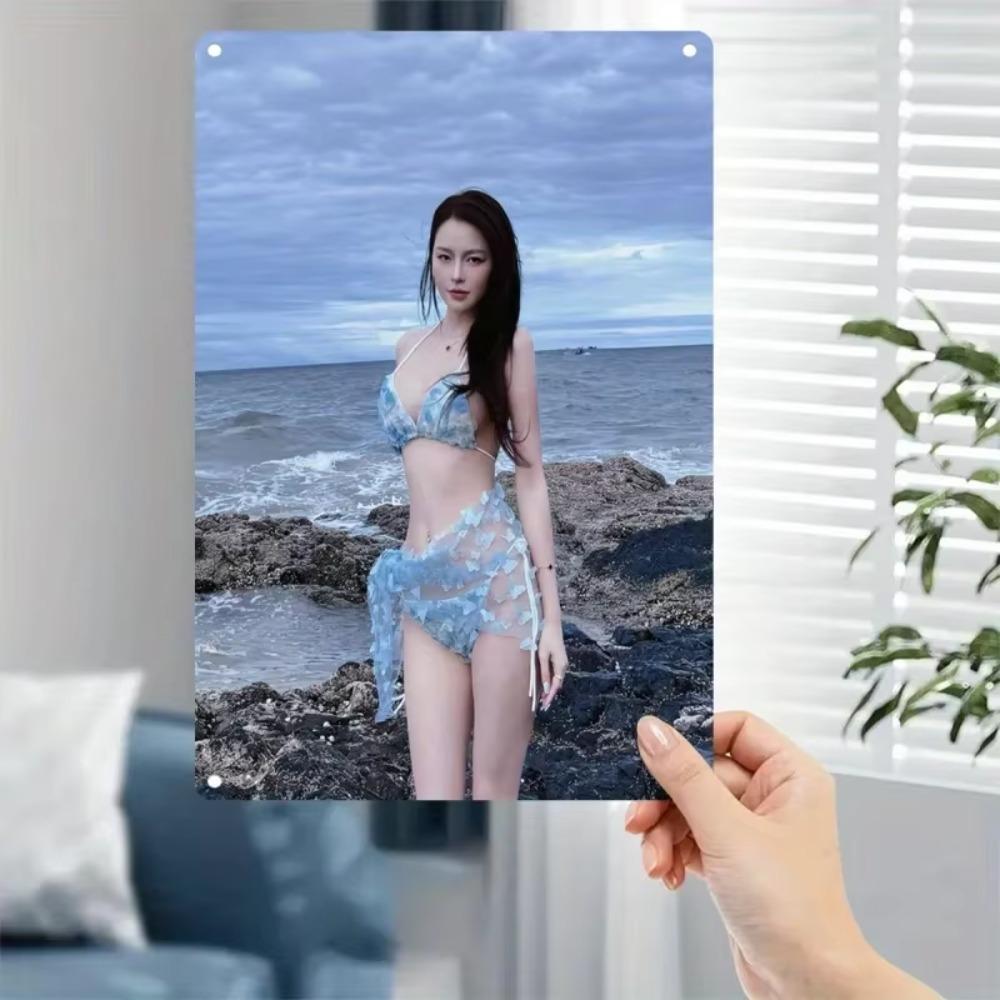Vintage Metal Wall Art Sign, Metal Poster - Turquoise Coastal Beach Woman In Bikini - Hello Summer