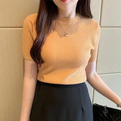 Short Sleeve Ice Silk Knit Shirt Korean Fashion Women O-Neck Tops Casual Solid Simple Blouse Clothes  Blusas Elegant 27626