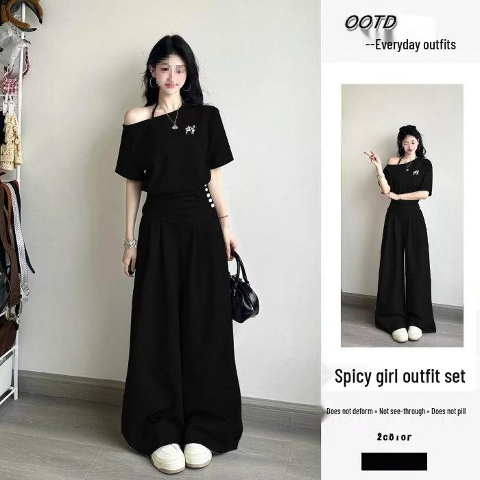 

Korean 2025 Women s Summer Sporty Two-Piece Set: Cropped Asymmetrical Top & High-Waisted Wide-Leg Pants Medium чорний