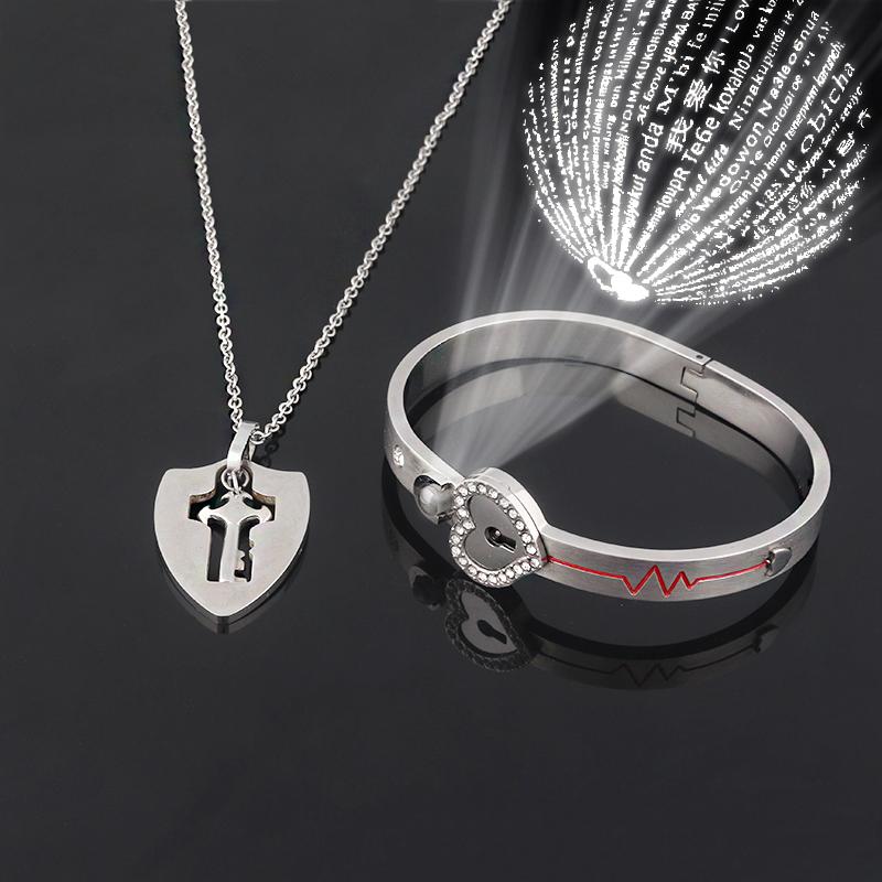 Couple Jewelry Stainless Steel Bracelet Love Heart Lock Bracelets Bangles Key Pendant Necklace for Lover Jewelry Gift