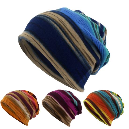 Unisex Winter 2 in 1 Striped Print Double Layer Neck Scarf Beanie Cap Turban Hat