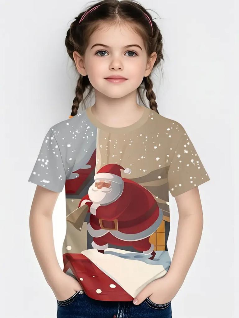 Kids' T-Shirt 3D Christmas Snowflake Print Girl Tops Casual Short Sleeve Simple T-Shirt Fashion Round Neck T-Shirt Girls Clothes