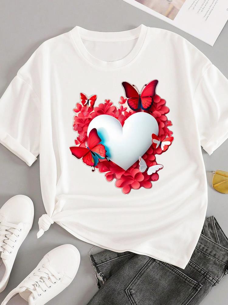 (Asian Size) trend love flower Short Sleeve T-shirts Women's Top T Female Print  Fashion O-neck Casual Clothing  Graphic Tee