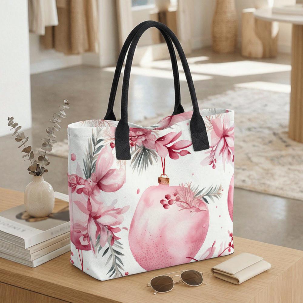 White Tote Bag Women Canvas Shopping Handbag with Pink Floral Ornament Print Black Handles