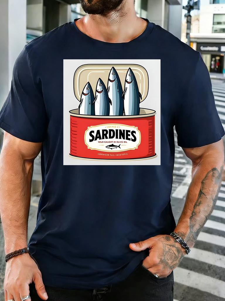 Unisexs Soft Cotton Tee Retro Canned Sardine Cartoon Fish Label Graphic O Neck Short Sleeve Loose Casual Summer Top For Seafood Fan
