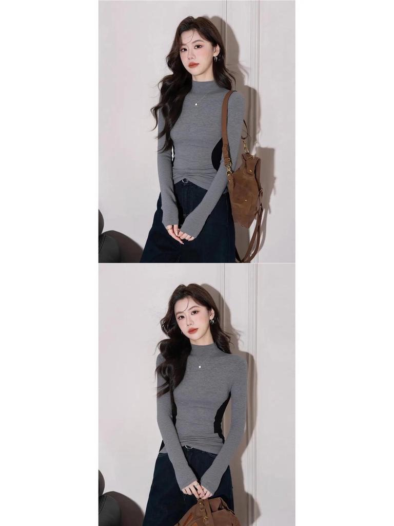 Damen Schlankmachendes Colorblock Langarm-T-Shirt - Halber Stehkragen, Innenlage, Herbst/Winter Trend