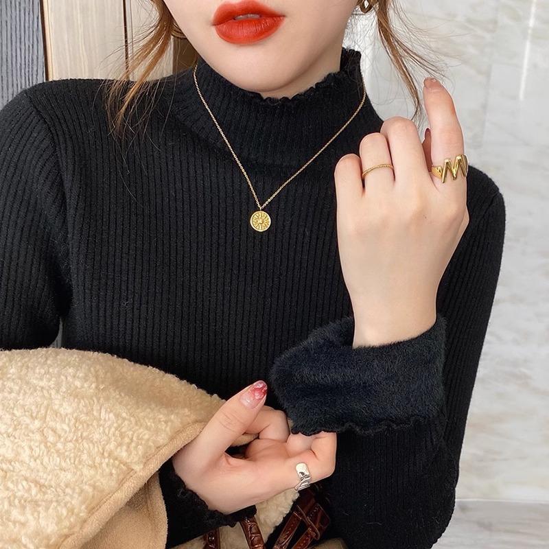 Women's Winter Fleece-Lined Half-High Neck Knit Top Elastic Tight-Fit Thickened Warm Sweater with Ruffled Trim