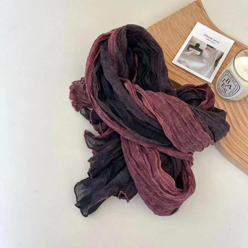 Retro Gradient Color Long Cotton and Linen Scarf Japanese Artistic Fresh Shawl Western-style Versatile Pleated Scarf for Women