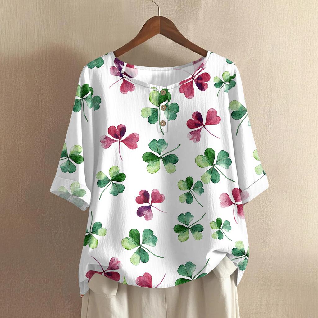 Women's Fashionable And Casual Shirt 3/4 Sleeve Round Neck Print Blouse Top