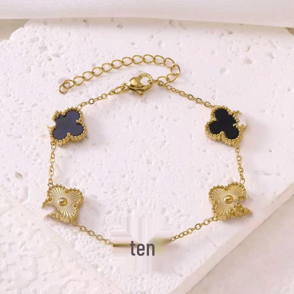 Stainless Steel 18K Double-Sided Mother-of-Pearl Four-Leaf Clover Bracelet for Men & Women - Simple Colorfast Jewelry