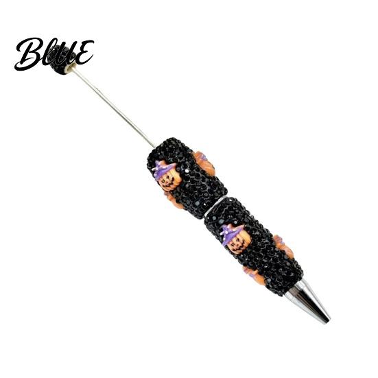 Rhinestone Writing Pen Beadable Pen Glitter Plastic Beaded Halloween Pumpkin Ghost Skull Smooth Gel Ink for DIY Craft Making School Office Supplies
