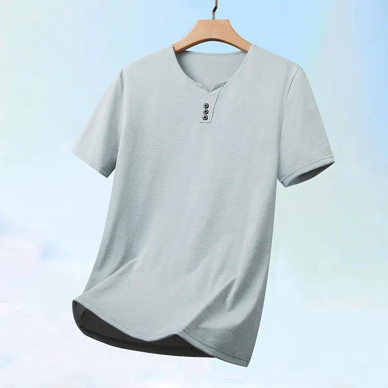 2026 New Men's Business Casual Three Button V-neck Short Sleeved T-shirt Korean Style Summer Comfortable Versatile Top