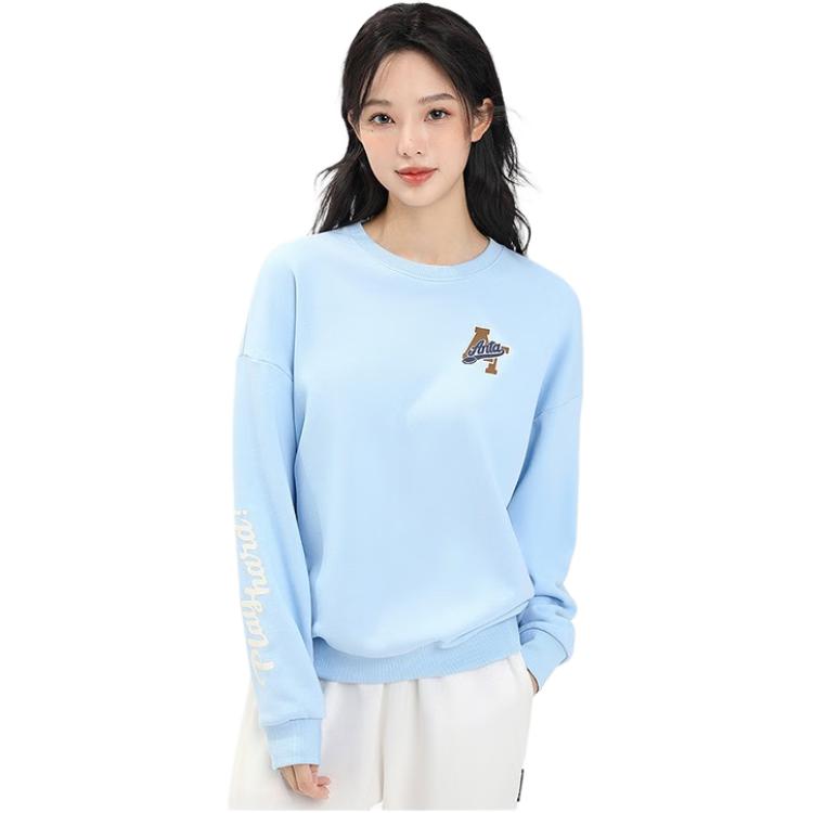 Anta Life Series Letter Logo Print Round Neck Pullover Sweatshirt Women sweatshirt Morning-Blue 162338724-4