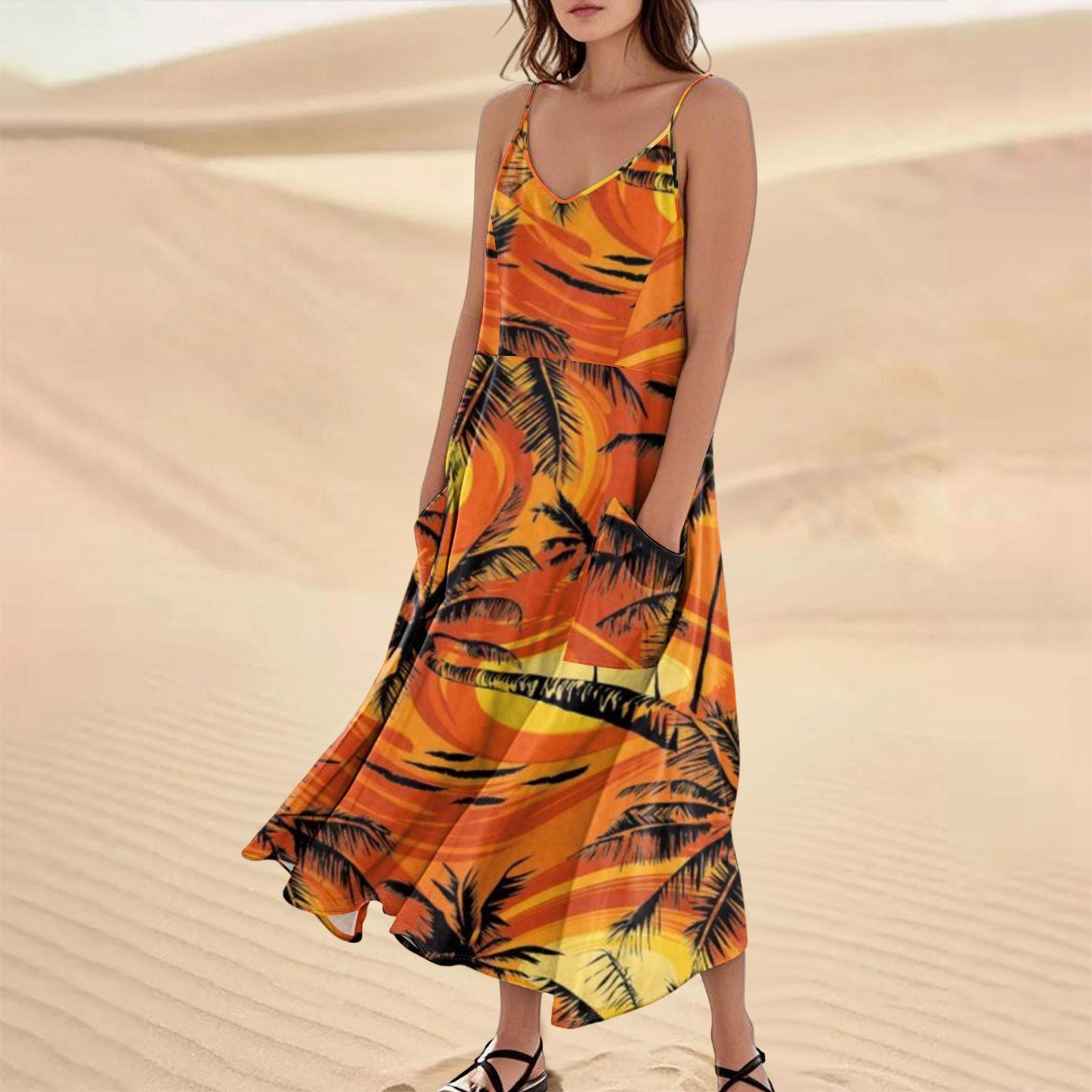 

Женское повседневное платье на бретелях с V-образным вырезом, гавайским принтом, без рукавов и с карманом XL шафрановый