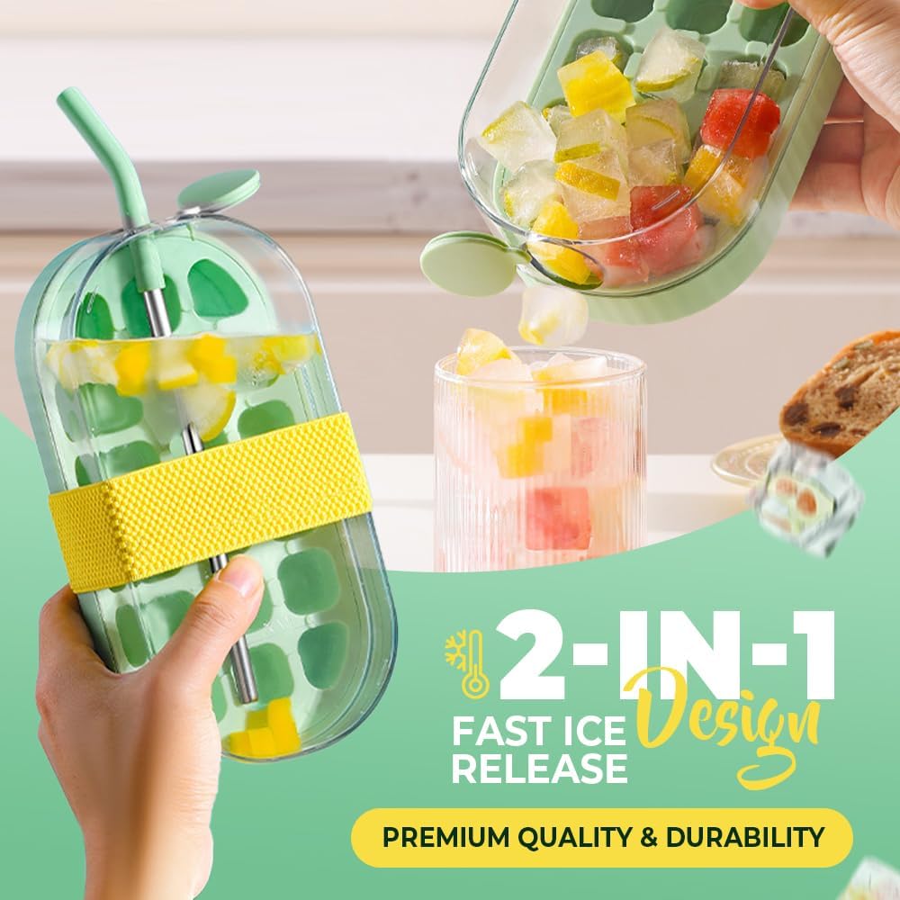 Ice Cube Molds & Trays, 2026 New 2-in-1 Ice Cube Bottle with Straw, Easy Press Ice Tray Water Bottle, Leak Proof Lid, Vertical Ice Maker