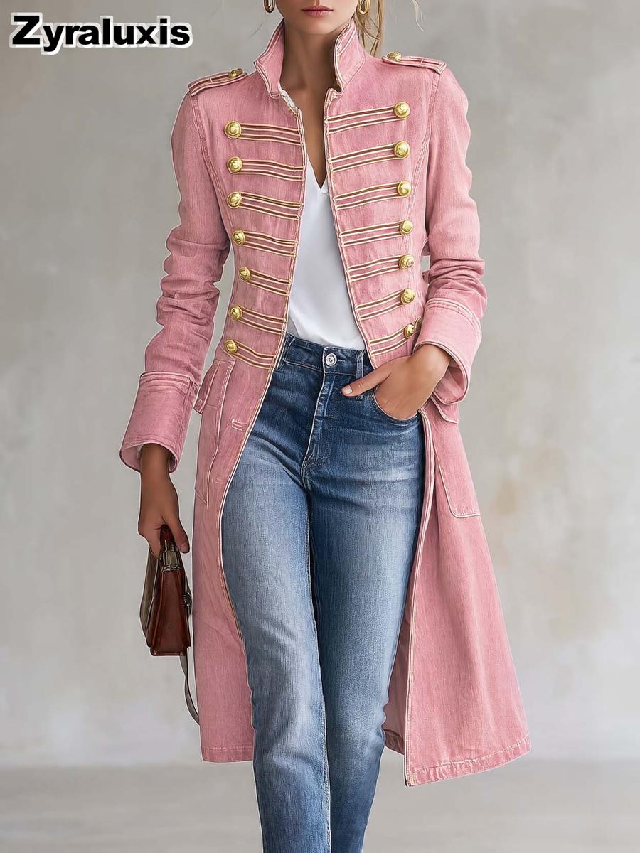 Metal Ribbed Denim Long Coat for