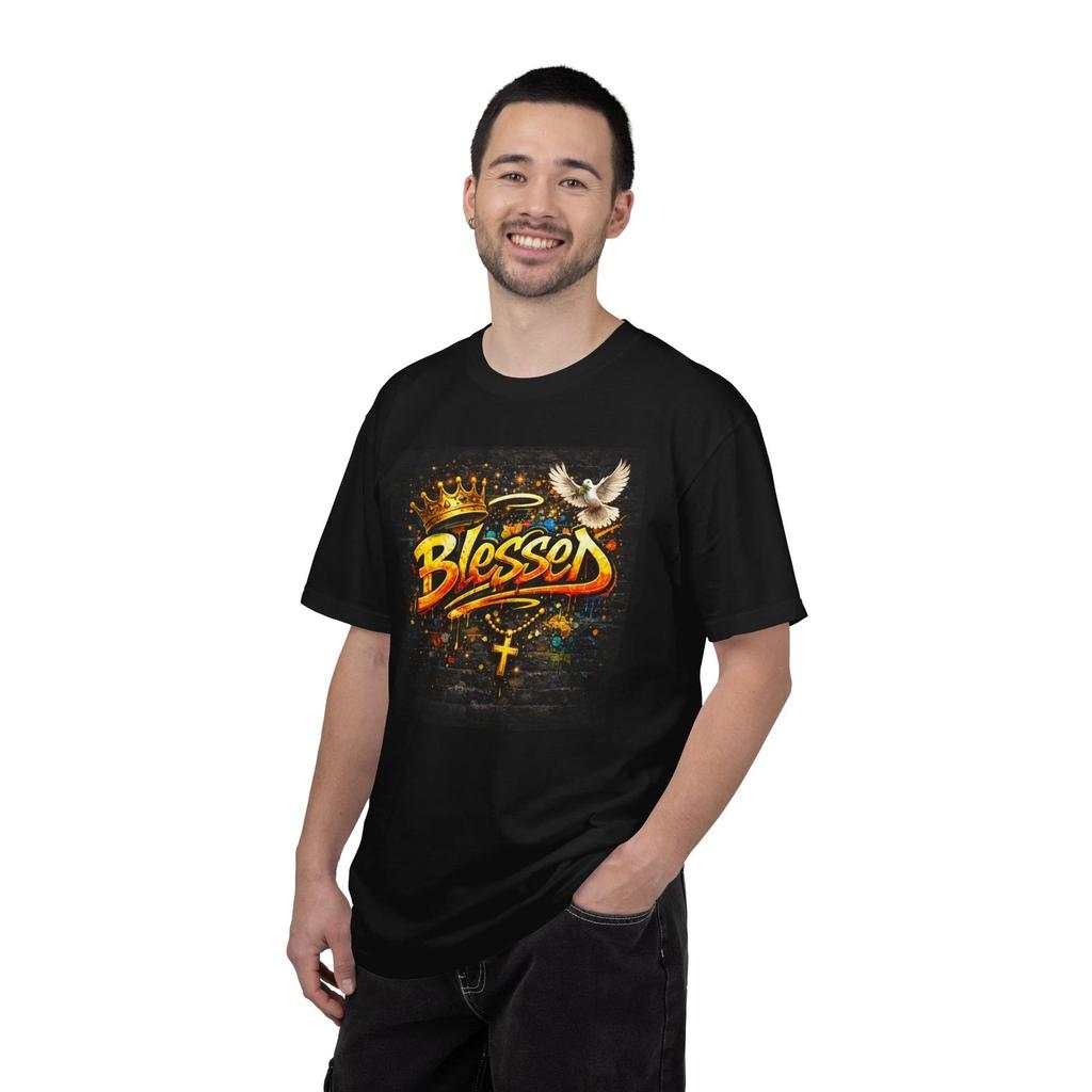 Blessed Script with Dove and Cross T-Shirt | Religious Faith Graphic