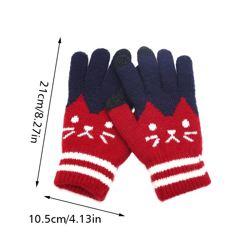 Zimní Kočičí Žakárové Všestranné Zesílené Teplé Pletené Rukavice Hravé Rukavice s Plnými Prsty Roztomilé Vícebarevné