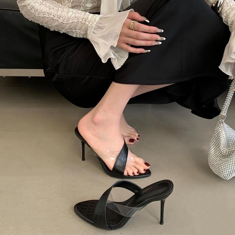 Mode Sexy Transparente PVC Überkreuzte High Heel Pantoletten Damen Mode Spitzschuh Pfennigabsatz Slide Sandalen Elegante Bankettkleid Schuhe