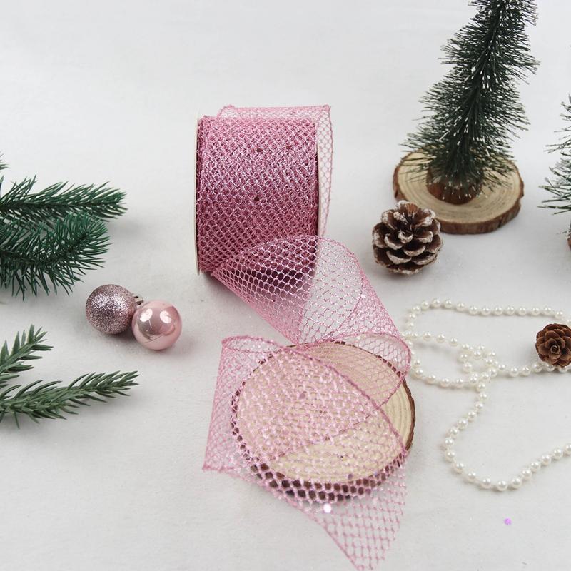 Stock Floral Polyester Mesh Ribbon in Pink Purple Blue Silver with Glitter for DIY Bows Gift Wrapping Christmas Tree Decorations