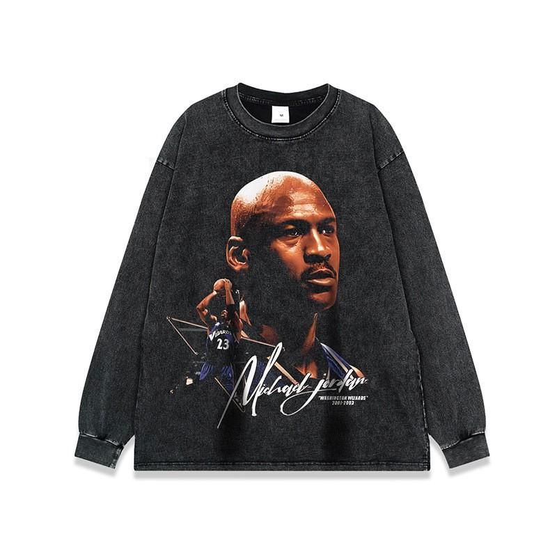 Vintage Amerikanischer Basketballstar Print Gewaschen Used Oversized Baumwolle Langarm T-Shirt Unisex Streetwear