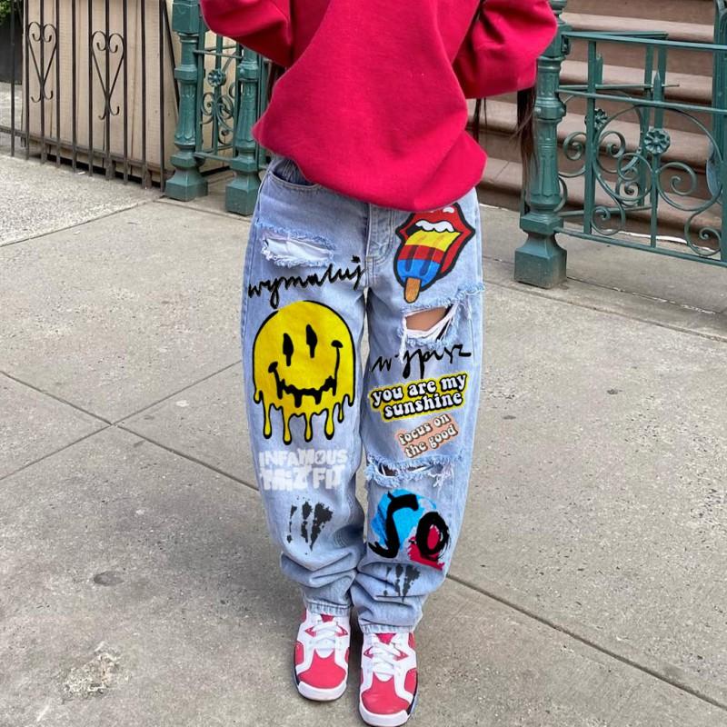 2569 Smiley Print Straight Leg Jeans