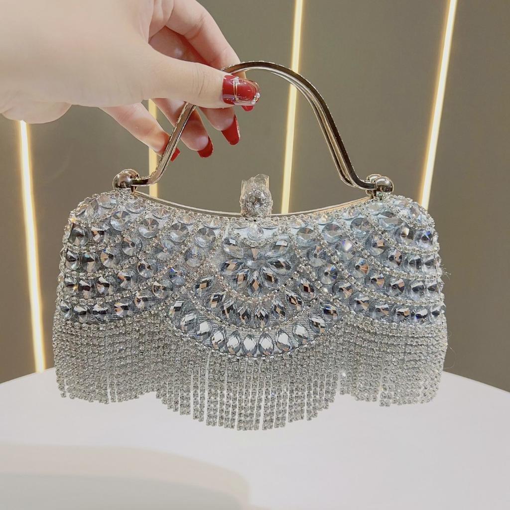 Rhinestone Tassel Evening Clutch with Metal Handle, Sparkly Party Handbag for Women