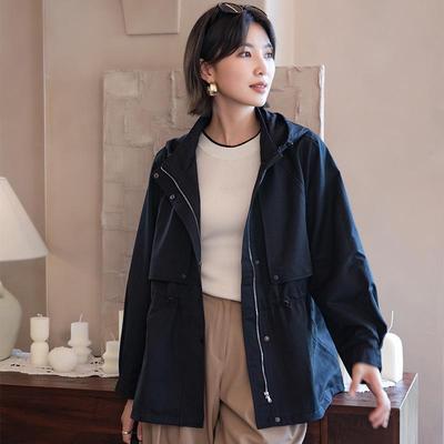 YUN Huvförsedd Mellanlång Casual Trenchcoat - Enfärgad, Dragkedja, Lös Passform, Lättviktig