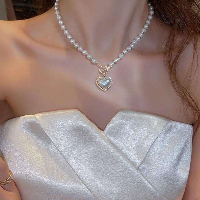 Romantics Heart Shaped Artificial Pearls Necklace Clavicle Chain Adjustable Length Neckchain for Women Girls
