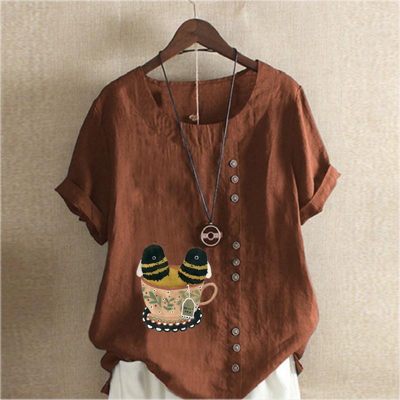 Women's Fashion Cute Bee Print Short Sleeve T-shirt Loose Cotton Shirt Casual Loose Summer Blouse Tops Plus Size