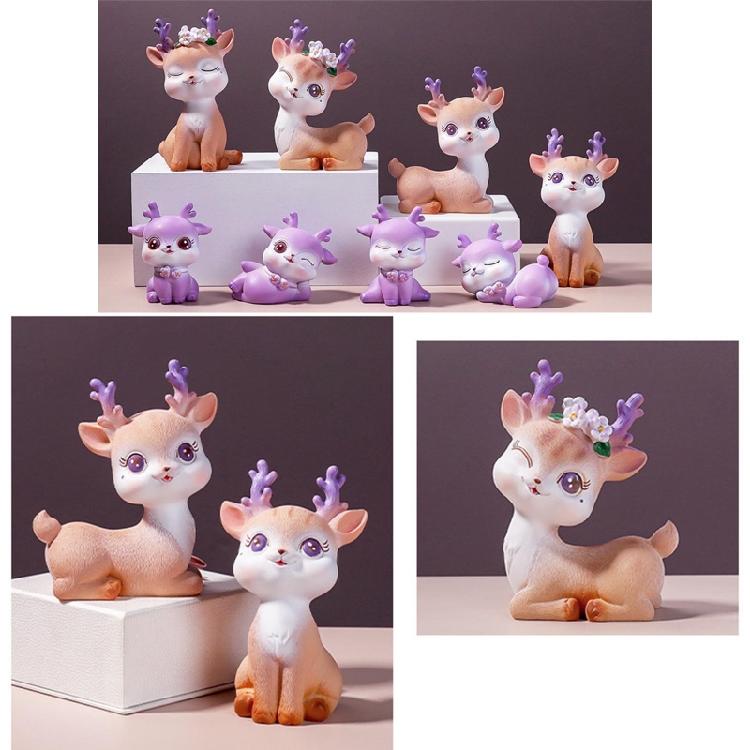 Mini Reindeer Statue Cartoon Fawn Elk Pattern Figurine Animal Cake Topper Desk